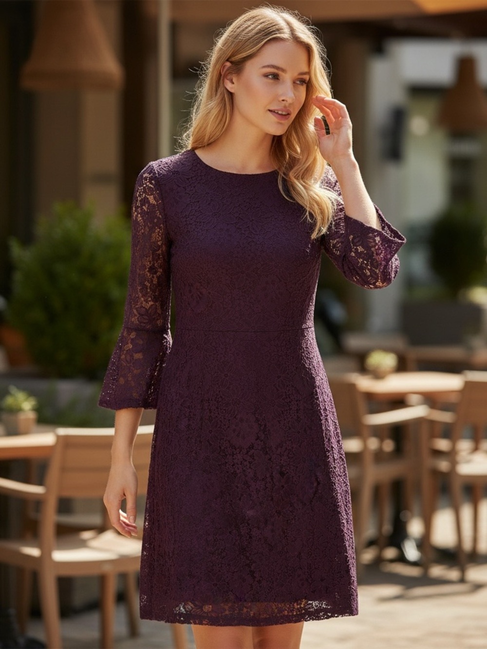 Tommy Hilfiger Plum Lace Bell Sleeve Shift Dress Size 8